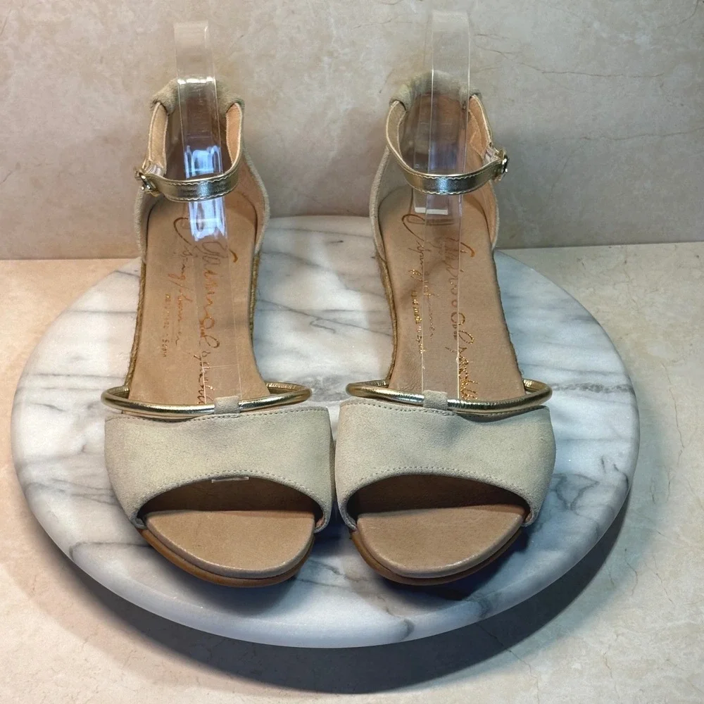 Gaimo Espadrilles Wedge Sandals Beige Gold‎ Ankle Strap Spring Summer Shoes 9.5